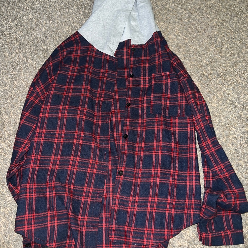 Red and navy blue hooded flannel